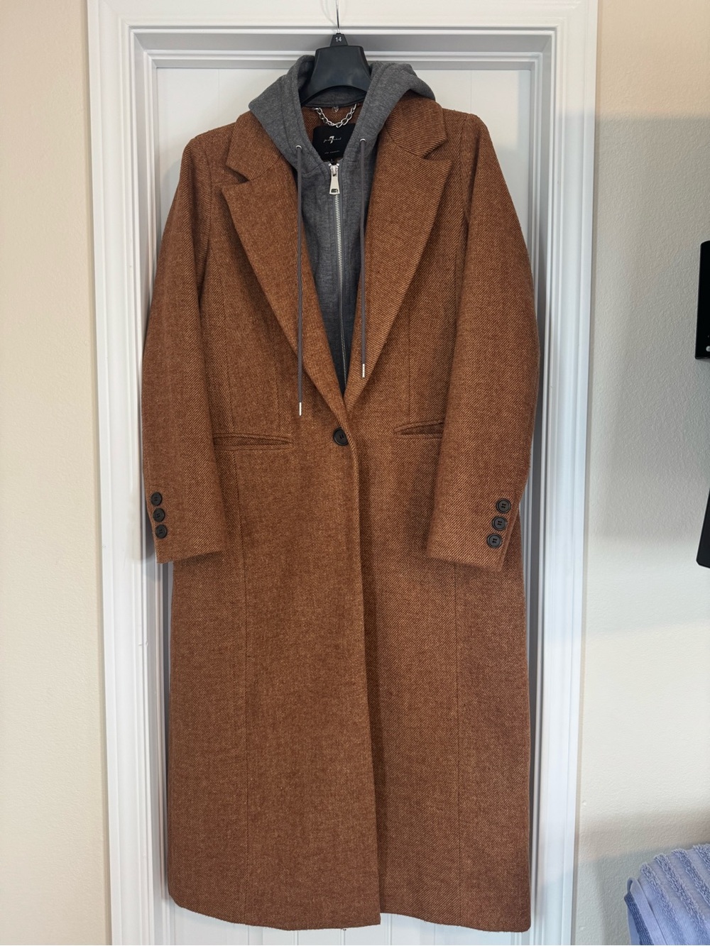 7 For All Mankind Brown Long Single-Button Wool-Blend Trench Coat